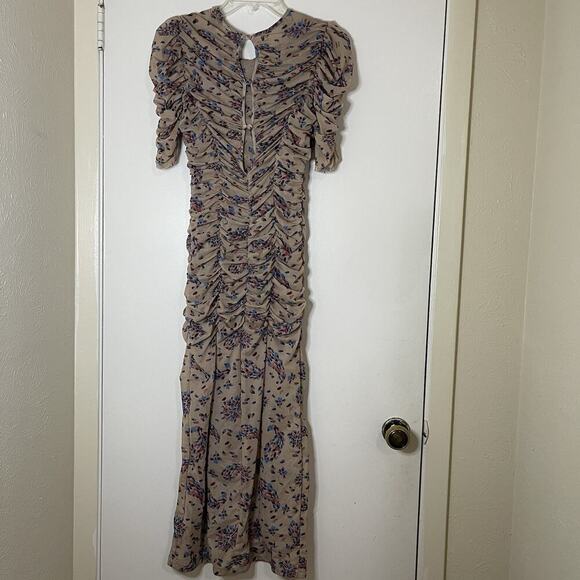 Free People Briella Midi tan floral dotted cinch side slit Dress XS -read - Picture 9 of 9